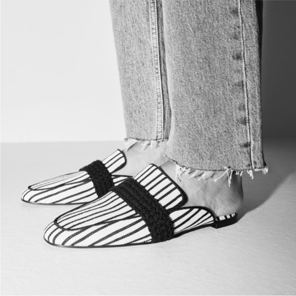 Zara Striped Black and White Flat fabric Mule for Women